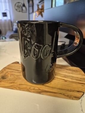 Rae Dunn Black Glossy 'Boo' Ceramic Mug with Spider Accents